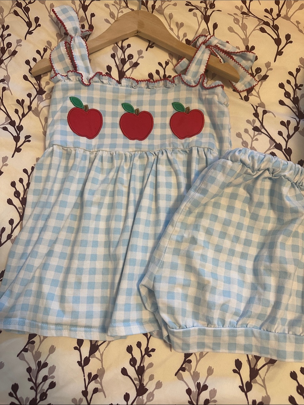 Kids Blue Gingham Matching Set with Red Apple Appliqués